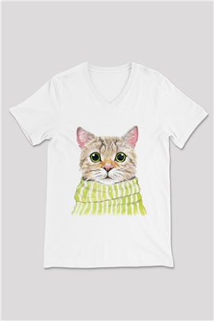 Şaşkın Kedi Baskılı Unisex Beyaz  V Yaka Tişört
