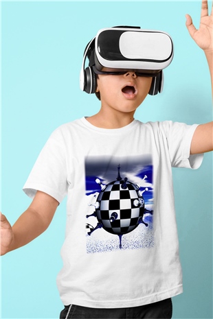 Satranç Baskılı Beyaz Unisex Çocuk Tişört