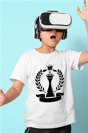 Satranç Baskılı Beyaz Unisex Çocuk Tişört