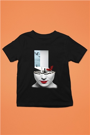 Satranç Baskılı Siyah Unisex Çocuk Tişört