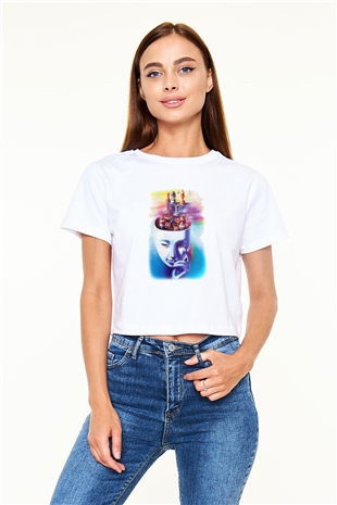 Satranç Beyaz Croptop Tişört