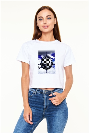 Satranç Beyaz Croptop Tişört