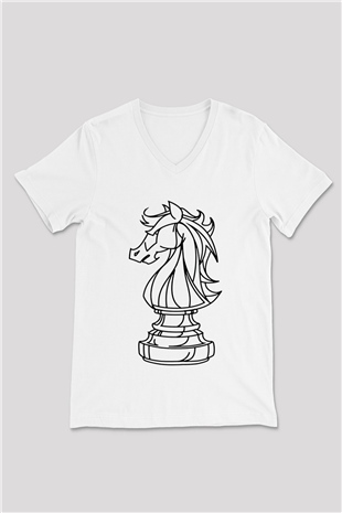 Satranç Beyaz Unisex V Yaka Tişört T-Shirt