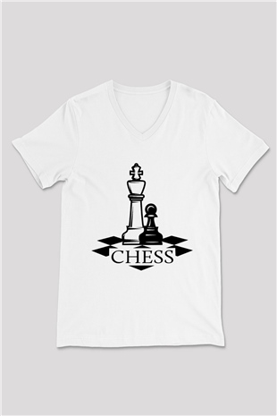 Satranç Beyaz Unisex V Yaka Tişört T-Shirt