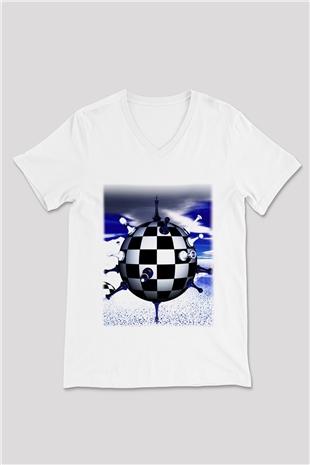 Satranç Beyaz Unisex V Yaka Tişört T-Shirt