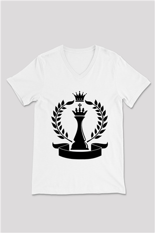 Satranç Beyaz Unisex V Yaka Tişört T-Shirt