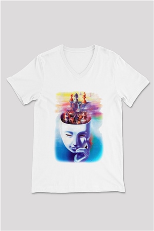 Satranç Beyaz Unisex V Yaka Tişört T-Shirt