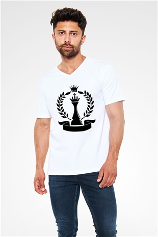 Satranç Beyaz Unisex V Yaka Tişört T-Shirt