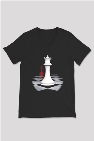Satranç Siyah Unisex V Yaka Tişört T-Shirt