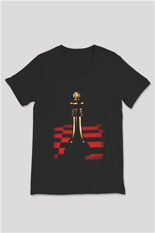 Satranç Siyah Unisex V Yaka Tişört T-Shirt