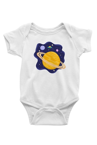 Satürn Baskılı Beyaz Unisex Bebek Body - Zıbın