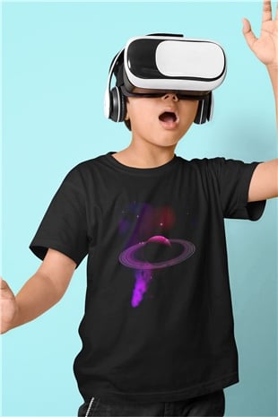 Satürn Baskılı Siyah Unisex Çocuk Tişört
