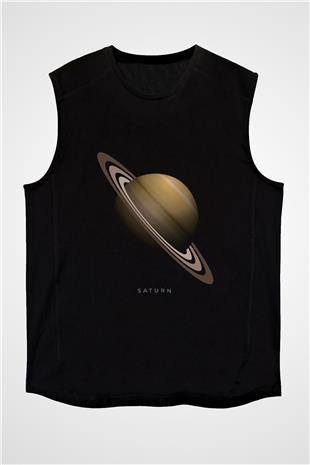 Satürn Baskılı Unisex Kolsuz Siyah Tişört - Tshirt