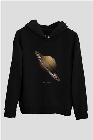 Satürn Baskılı Unisex Siyah Kapüşonlu Sweatshirt