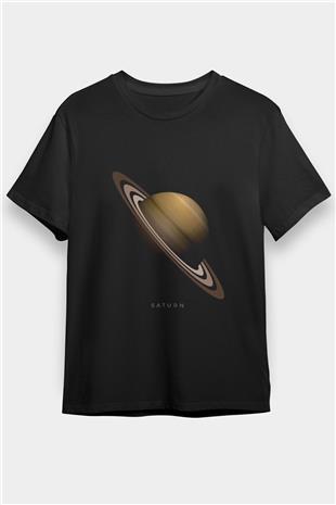Satürn Baskılı Unisex Siyah Tişört - Tshirt