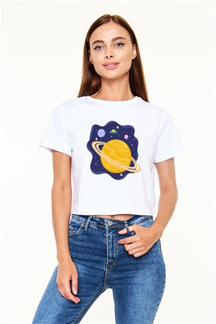 Satürn Beyaz Croptop Tişört