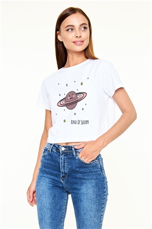 Satürn Beyaz Croptop Tişört