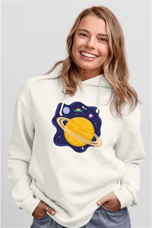 Satürn Beyaz Unisex Kapşonlu Sweatshirt