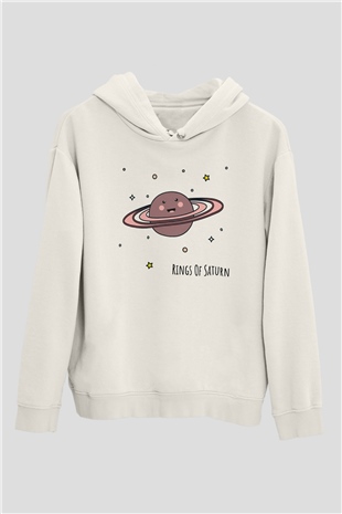 Satürn Beyaz Unisex Kapşonlu Sweatshirt