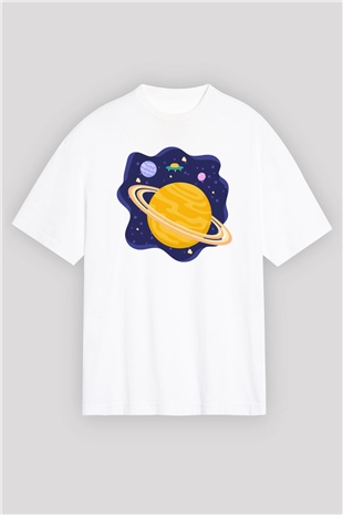 Satürn Beyaz Unisex Oversize Tişört T-Shirt
