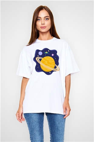 Satürn Beyaz Unisex Oversize Tişört T-Shirt