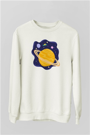 Satürn Beyaz Unisex Sweatshirt