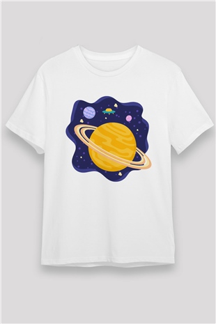 Satürn Beyaz Unisex Tişört T-Shirt - TişörtFabrikası