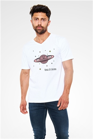 Satürn Beyaz Unisex V Yaka Tişört T-Shirt
