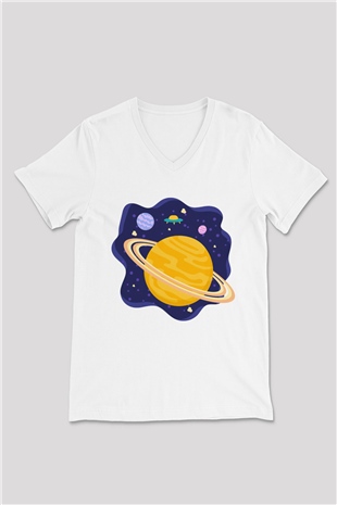 Satürn Beyaz Unisex V Yaka Tişört T-Shirt