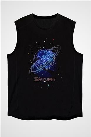 Satürn Çizim Baskılı Unisex Kolsuz Siyah Tişört - Tshirt