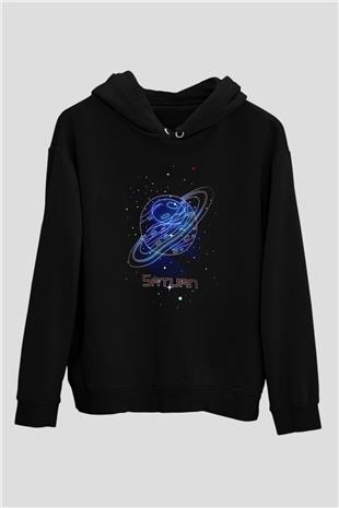 Satürn Çizim Baskılı Unisex Siyah Kapüşonlu Sweatshirt
