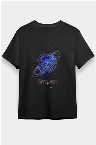 Satürn Çizim Baskılı Unisex Siyah Tişört - Tshirt