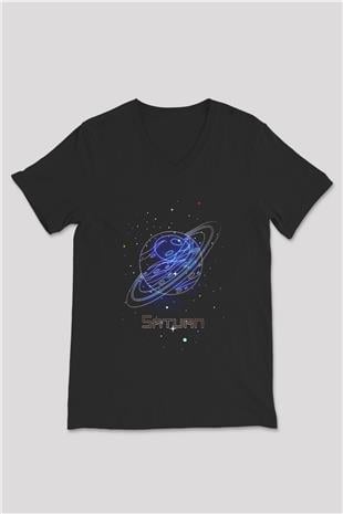 Satürn Çizim Baskılı Unisex V Yaka Siyah Tİşört - Tshirt