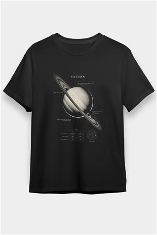 Satürn Fiziksel Özellikleri Baskılı Unisex Siyah Tişört - Tshirt