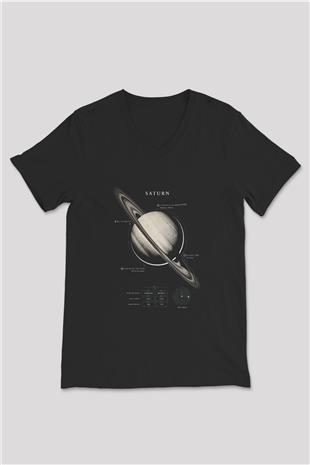 Satürn Fiziksel Özellikleri Baskılı Unisex V Yaka Siyah Tİşört - Tshirt