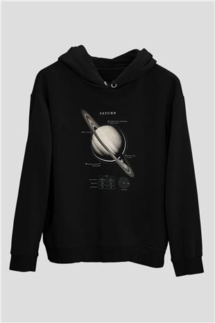 Satürn Fiziksel Özellikleri Baskılı Unisex Siyah Kapüşonlu Sweatshirt