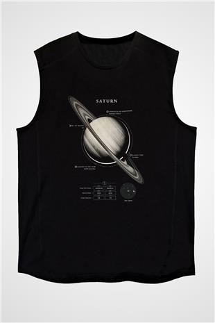 Satürn Fiziksel Özellikleri Baskılı Unisex Kolsuz Siyah Tişört - Tshirt