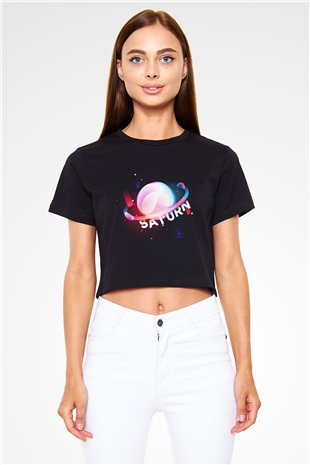 Satürn Siyah Crop Top Tişört