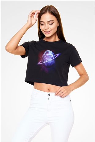 Satürn Siyah Crop Top Tişört