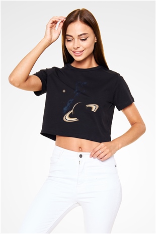 Satürn Siyah Crop Top Tişört