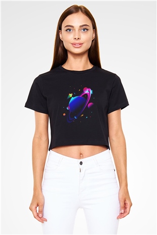 Satürn Siyah Crop Top Tişört