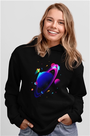 Satürn Siyah Unisex Hoodie