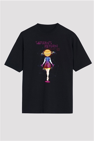 Satürn Siyah Unisex Oversize Tişört T-Shirt