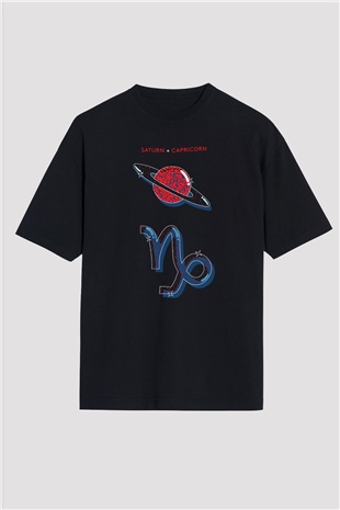 Satürn Siyah Unisex Oversize Tişört T-Shirt