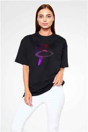 Satürn Siyah Unisex Oversize Tişört T-Shirt