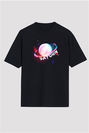 Satürn Siyah Unisex Oversize Tişört T-Shirt