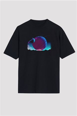 Satürn Siyah Unisex Oversize Tişört T-Shirt