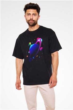 Satürn Siyah Unisex Oversize Tişört T-Shirt
