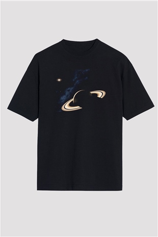 Satürn Siyah Unisex Oversize Tişört T-Shirt