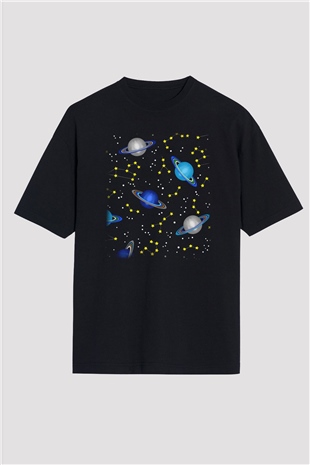 Satürn Siyah Unisex Oversize Tişört T-Shirt